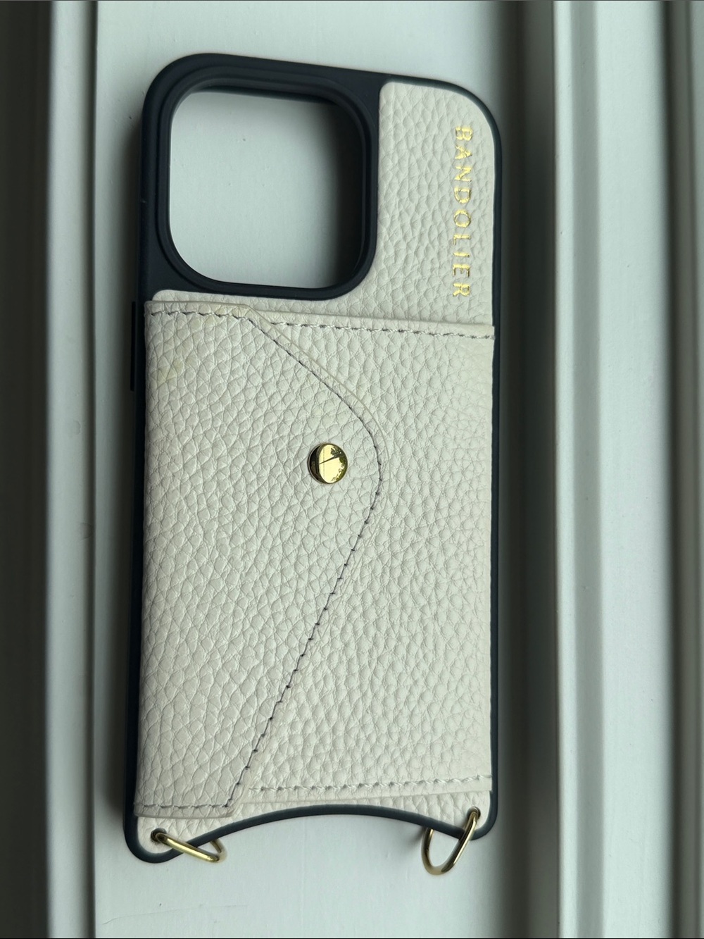 Bandolier Ivory Leather Card Pocket Phone Case with Gold Hardware